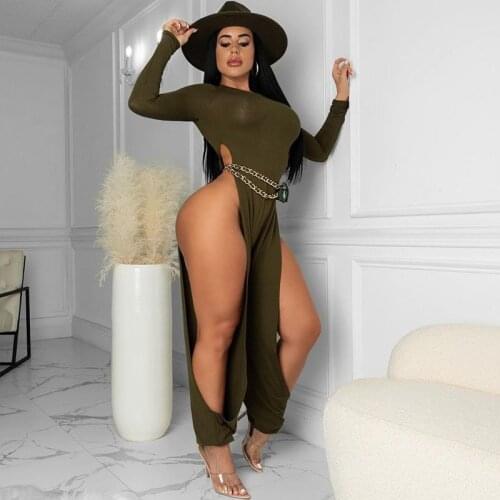 Sexy High Split Bare Legs Party Jumpsuit Women Festival Clothing Long Sleeve Rompers Birthday Outfits Night Out Club Overalls
