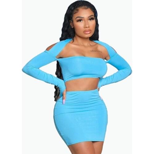 Blue Strapless Long Sleeve Skinny Mini Dress Sexy Tight Club Party Lady Fashion Sheath Dress