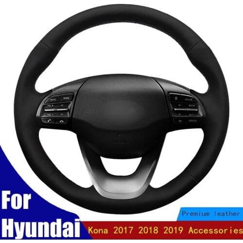 Car Steering Wheel Cover Hand-stitched DIY Black Micro Fiber Leather For Hyundai Kona 2017 2018 2019 Accessories