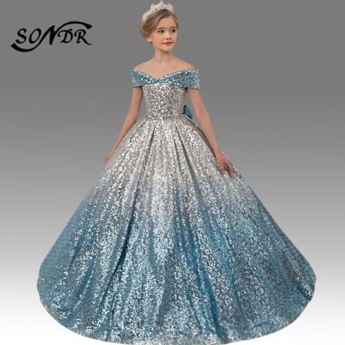 Shining Sequin Princess Ball Gowns HT085 Gradient Elegant Flower Girl Dresses Off The Shoulder Kids Party Dress For Wedding 2020