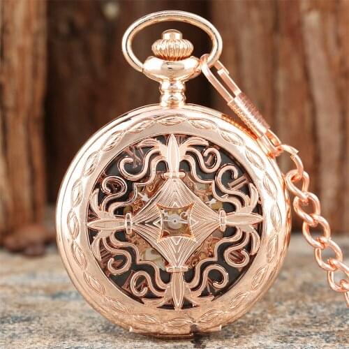 Rose Gold Vintage Hollow Carved Pattern Mechanical Hand Winding Pocket Watch Roman Numeral Display Manual Retro Chain Timepiece