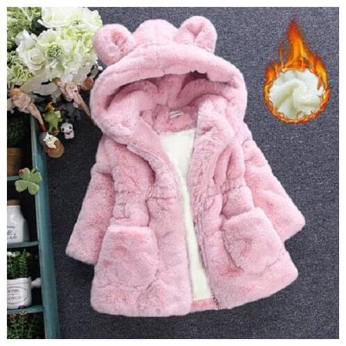 Girls Autumn Fur Coat Plus Velvet Thickening Hoodie Clothing 2019 New Baby Clothes Pink Ears Sweater 2-7y Kids Faux Fur Coat