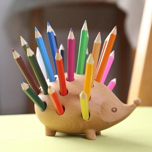 Solid Wood Hedgehog Shaped Insertion Pen Container, Multi-functional Desk Supplies , Pen Holder With 24 Colors Pencils