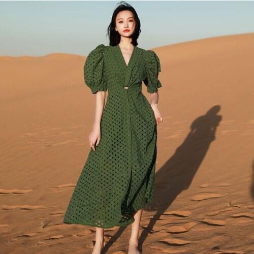 Jastie 2021 Hollow Out Floral Embroidered Dresses Summer Short Sleeve V-Neck Hight Waist Women Dresses Boho Beach Long Vestidos