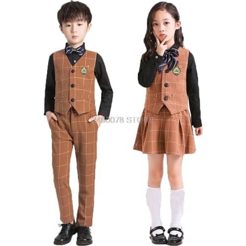 Flower Boys Grils Suit for Weddings Kids Formal Vest Pants Skirt Clothing Set Girls Prom Performance Piano Dance Costume