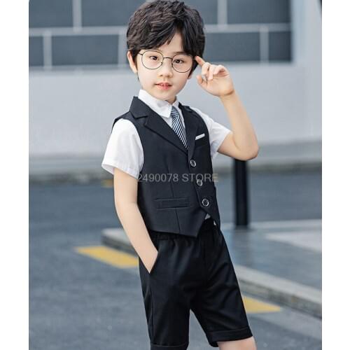 2020 Prince Kids Vest +Shorts+Tie 3Pcs Suit Flower Boys Formal Birthday Tuxedos Kids Spring School Host Dance Suit Clothing Set