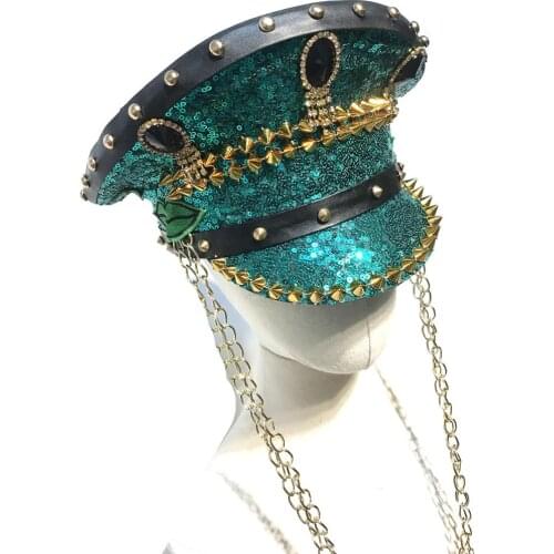 Handsome Punk Golden Rivets Metal Fringe Decoration Hat Uniform Party Bar DJ Performance Singer Cap Women Halloween Cosplay Prop