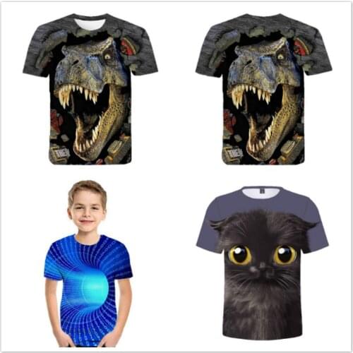 Summer Baby Boys Cartoon 3D Dinosaur Tyrannosaurus Rex Cat Tunnel Print Short Sleeve T Shirts Kids Girl Tops Cotton Clothes Tees