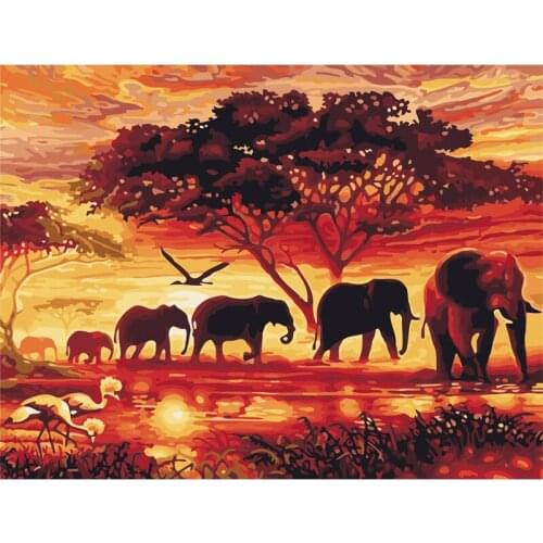 Sunset Elephants Animals DIY Painting By Numbers Modern Wall Art Hand Painted Acrylic Picture for Home Decor