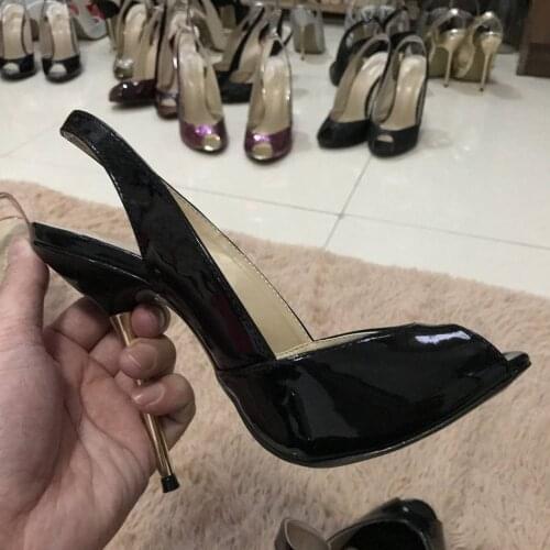 Sexy Black Patent Pumps High Heel Bridals Dress Party Women Pumps Summer New Peep Toe Sling Back Stiletto Fish Mouth 11cm Heels