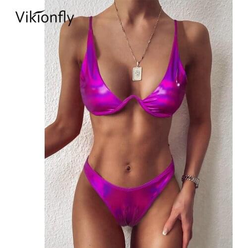 Vikionfly Sexy Shiny V-bar Micro Bikini 2021 Beach Glitter Mini Brazilian Thong Swimwear Swimming Suit For Women Bathing Suit