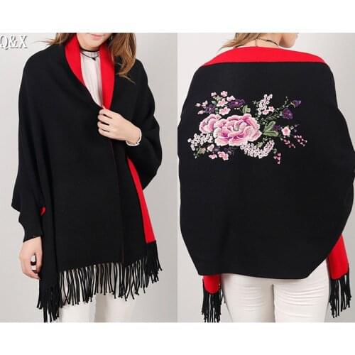 SC15 2018 Scarf Winter Faux Cashmere Poncho Women Solid Female Long Sleeves Wrap Vintage Shawl With Back Embroidered Floral