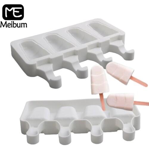 Meibum 4 Cavity Ice Cream Molds Silicone Popsicle Moulds Summer Freezer Juice Jelly Make Tools Ice Cube Tray and 50 Pcs Sticks