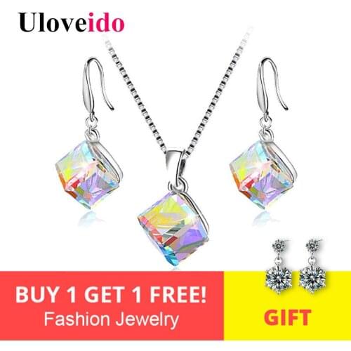 Uloveido 925 Sterling Silver Jewelry Sets Wedding Jewelry Set Multicolor Engagement Earrings and Necklace Square Zirconia Y418