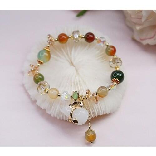New Arrival Enthnic Gourd Pendant Green/Red/Gray/Yellow Agate Crystal Beaded Strand Bracelets Women Female Fine Jewelry YBR558
