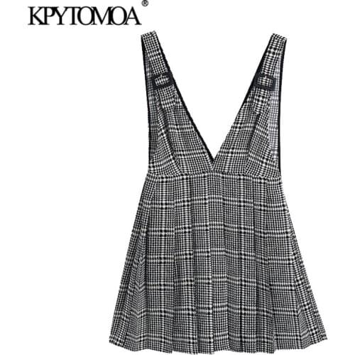 KPYTOMOA Women 2021 Fashion Pleated Houndstooth Pinafore Skirt Vintage V Neck Side Zipper Adjustable Straps Female Skirts Mujer