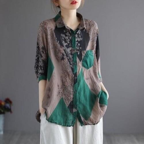 Vintage Printed Women Shirts Summer 2021 Turn-Down Collar Half Sleeved Loose Casual Female Outwear Tops