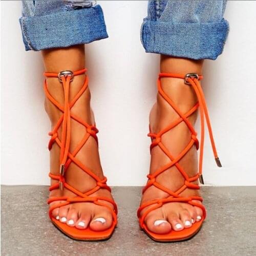 2020 Orange Designer Rope Sandals Rome Style Stiletto Gladiator Sandals Lace Up Women High Heels Pumps Summer Sexy Ladies Shoes
