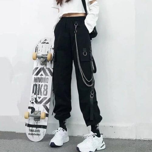 Women Cargo Pants 2021 New Harem Pants Fashion Punk Pockets Jogger Trousers With Chain Harajuku Elastics High Waist Streetwear