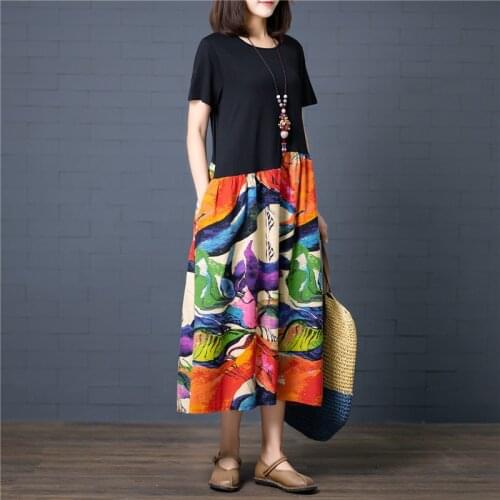 2020 Summer national style Dresses Female Large Size vintage Loose Cotton Linen A-line Dress short-sleeved Dress for Women B257