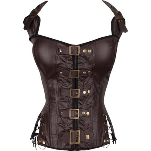 Plus Size Womens PU Leather Halter Overbust Corset Top Steampunk Corset Bustier Slimming Body Shapewear S-2XL
