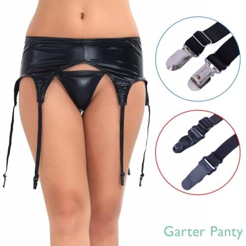 Womens Erotic Lingerie Sex Garter Panty Wetlook Leather Plastic/ Metal Clip Sock Garter Belt Holder Fastener Suspender Underwear