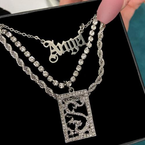 Flatfoosie Trendy Angel Letters Pendant Necklace For Women Multilayer Silver Color Crystal Dragon Twisted Chain Necklace Jewelry