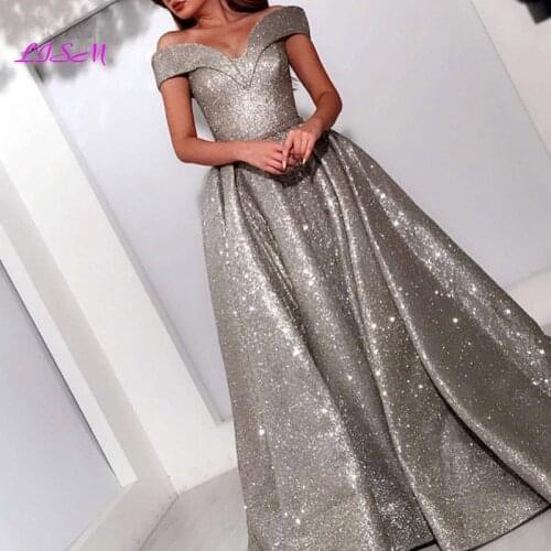 Saudi Arabic Sparkle Sequined Gray Prom Dresses 2021 Long Pleated A-Line Evening Dress Off The Shoulder Robe De Soiree