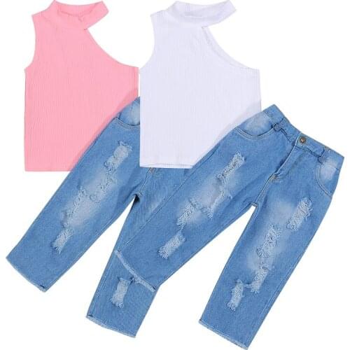 1-6Y Toddler Kids Baby Girl Off Shoulder Vest Tops Ripped Jeans Denim Pant Trouser 2PCS Girls Clothing Set