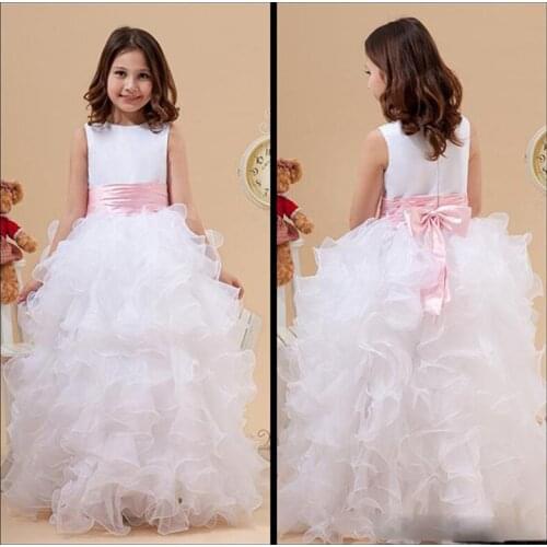 2020 Princess White Jewel Neck Flower Girl Dresses Ruffles A Line Satin and Organza Cheap Girl Dress for Wedding Party Gowns Wit