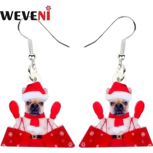 WEVENI Acrylic Novelty Christmas Shopping Bulldog Dog Earrings Drop Dangle Animal Jewelry For Women Girls Gift Navidad Accessory