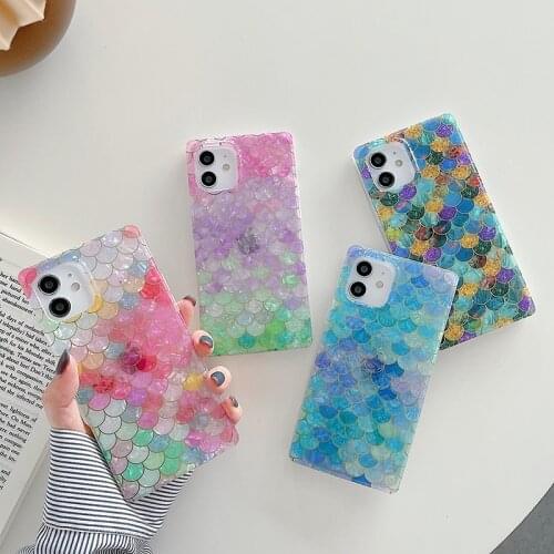 Fashion Mermaid Fish scales shell Soft silicon phone case for iphone 7 8 Plus X XS XR MAX 11 Pro SE 2 12 MiNi Square color Cover