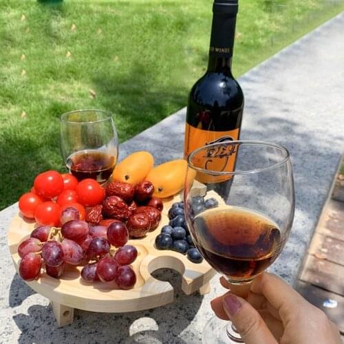 Wooden Outdoor Folding Picnic Table Portable Mini Round Table with Wine Glass Holder for Camping Hiking Travel Dinner Desk