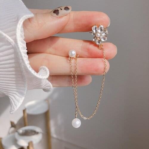 Design sense zircon flower pearl earrings temperament long suitable for round-faced Korean earring jewelry women