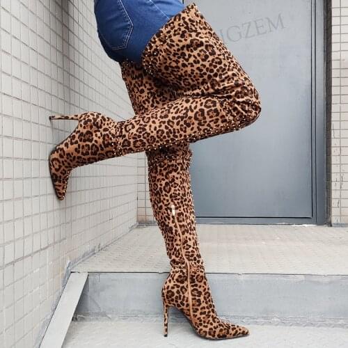 DOHBANER SUPER Women Over Knee Boots Pointed Toe Side Zip Boots Thin High Heels Thigh High Botas Shoes Woman Size 42 44 46 47