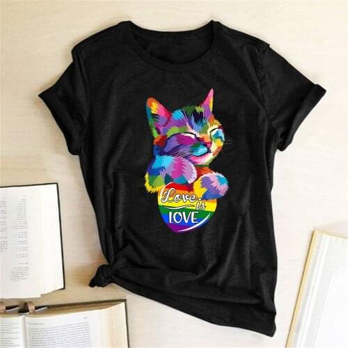 New Arrival Summer Colorful Cat Women T shirt White Tee Cool Women Tee Shirt Love is Love Tops Tee Tee LGBT Tshirt Tops