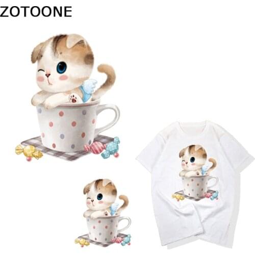 ZOTOONE Teacup cat T-shirt patch cute Meng Cat cartoon pattern printing childrens wear short sleeve ironing patch sticker D