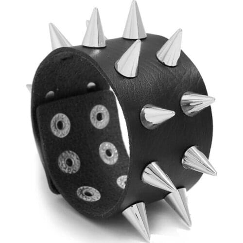Gothic Rock Punk Wide Wristbands Big Cuff Bracelet Cuspidal Spikes Rivets Cone Stud Charm Leather Bangle Men Women Biker Jewelry