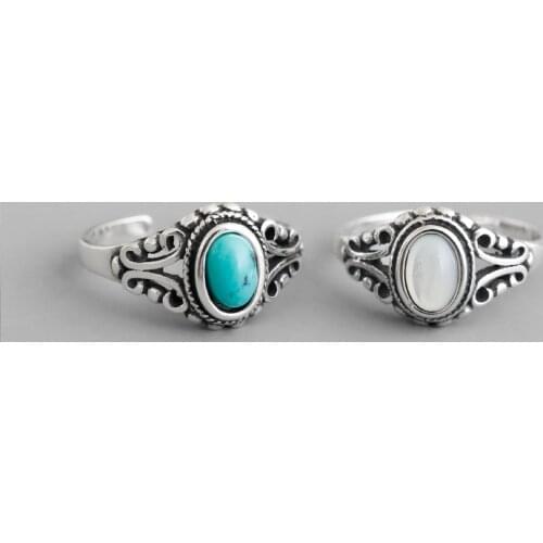 Retro Authentic S925 Sterling Silver FINE Jewelry BLUE Turquoise stone/ shell stone ring adjust TLJ1298