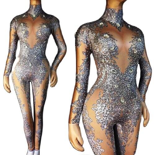 Women Sparkly Diamonds Print Jumpsuits Skinny Elastic Bodysuits Nightclub Party Show Performance Stage Wear Jazz Dance Costume