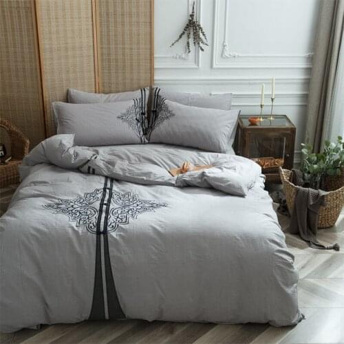 Grey Chinese Knot Embroidered Bedding Set Washed Cotton Soft Bed Sheet Pillowcase Duvet Cover 4PCS for Home