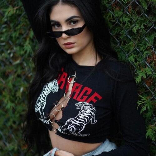 Gothic Round Neck Women Crop Tops Female Long Sleeved Cardigan T-Shirt Iron Ring Letter Tiger Printing Black Sports Women Top