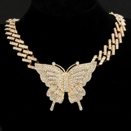 KunJoe Exaggerated Crystal Butterfly Pendant Necklace Women Gift Rhinestone Paved Cuban Chain Hip Hop Charm Girl Neck Jewelry