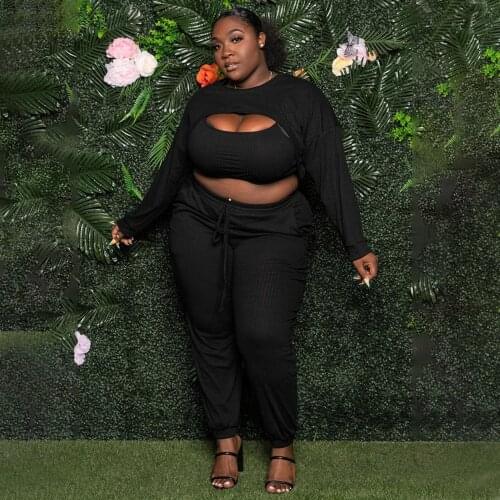 L-4XL 2021 fall Large Plus size set women clothing fashion sexy rib long sleeve pants three piece sets Wholesale dropshopping