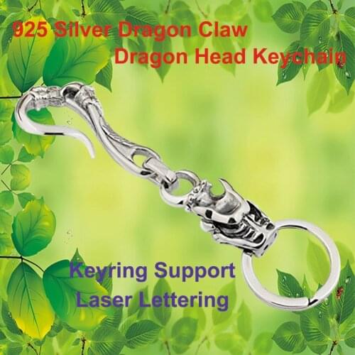 Punk Fashion Waist Pendant Solid 925 Sterling Silver Cool Knight Individuality Dragon Claw Dragon Head Keychain Keyring 8J024