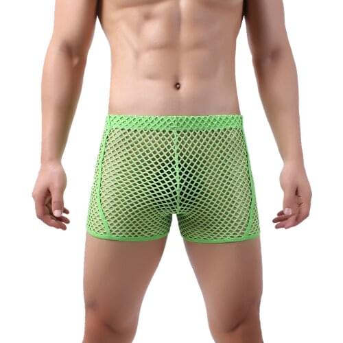 Hollow Out Mens Boxer Shorts Sexy Underwear Mesh Arrow Pants Penis Pouch Underpants ropa interior hombre cuecas Solid Bottoms