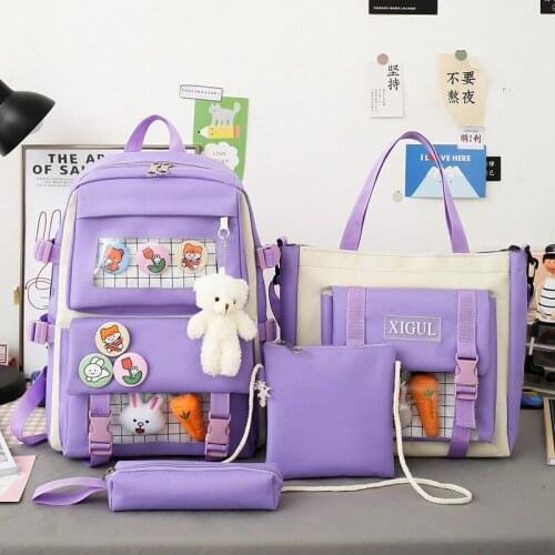 2021 New 4 Pcs Set Kawaii Womens Backpack Purple Colours Cute Canvas School Bags for Teenage Girls College Student Kids BookBag