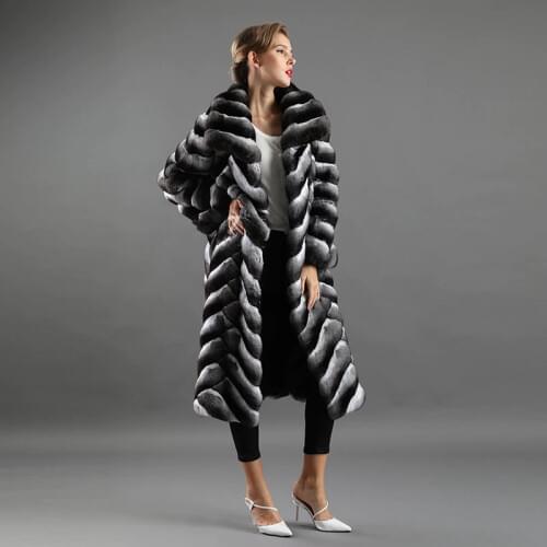 FURSARCAR 2020 New Natural Rex Rabbit Fur Jacket With Turndown Collar Winter Women Chinchilla 110cm X-Long Coat Fur Outwear