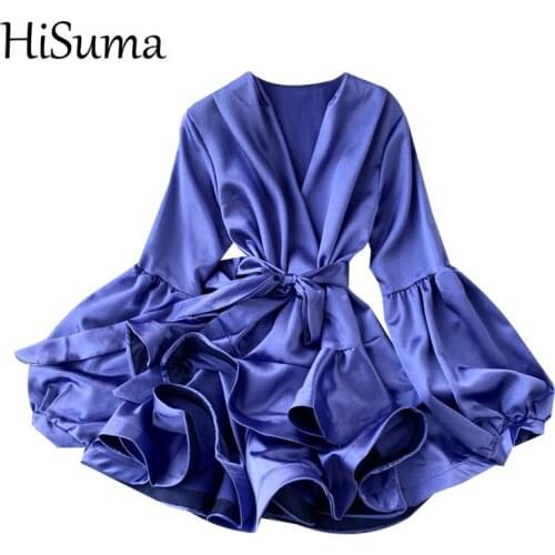 HISUMA Spring Autumn Women V-Neck Lantern Sleeve Bandage Strap Sashes Ruffles Layer Satin Silk Dress Lady Short Slim Chic Dress