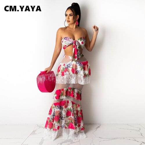 CM.YAYA Women Set Print Sleeveless Strapless Crop Tops Mesh Patchwork Long Skirts Two 2 Piece Sets Sexy Fashion Outfit Summer